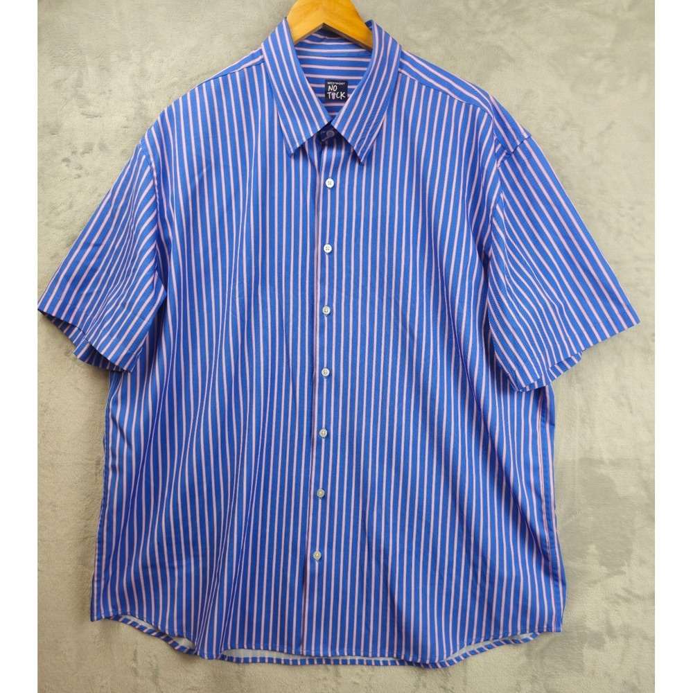 Westport No Tuck Mens Short‎ Sleeve Button Up XXL Tall Blue Pink Striped